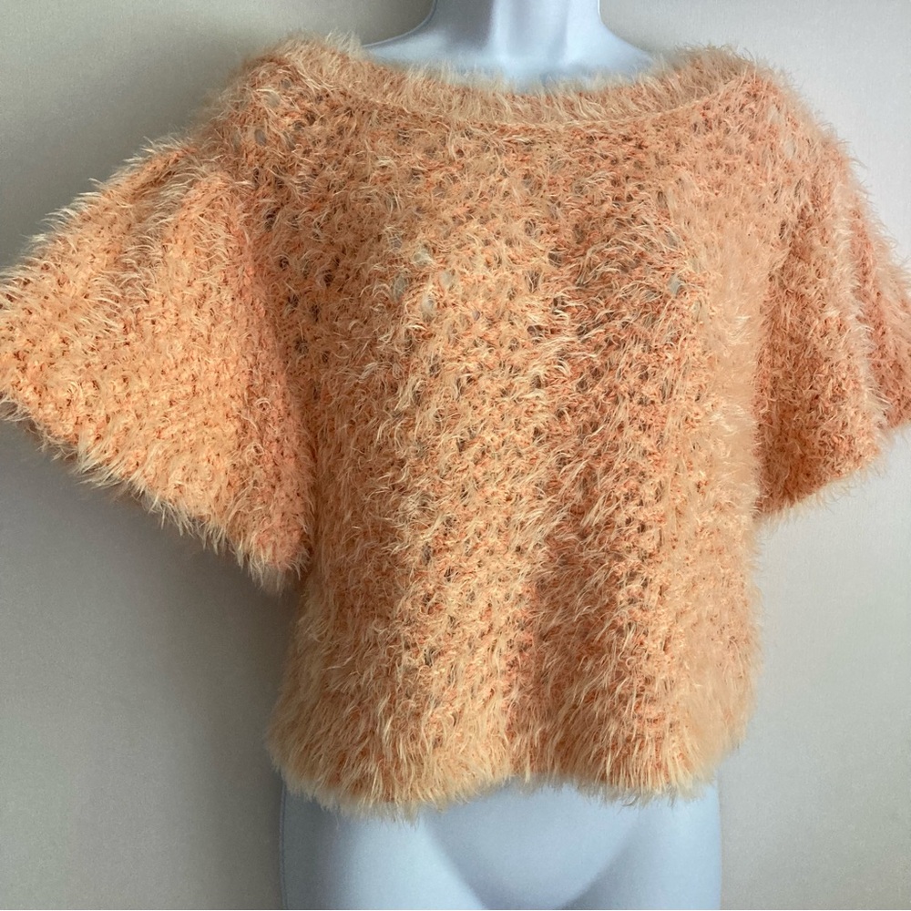 Free People Sweet Deets Peach Eyelash Fuzzy Knit Open Weave Sweater, NWT Sz L
